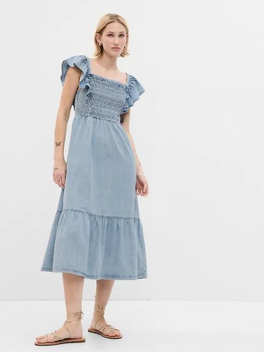 Smocked Flutter Sleeve Denim Midi Dress with Washwell