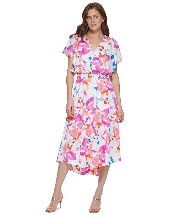 Smocked Flutter-Sleeve Midi Dress