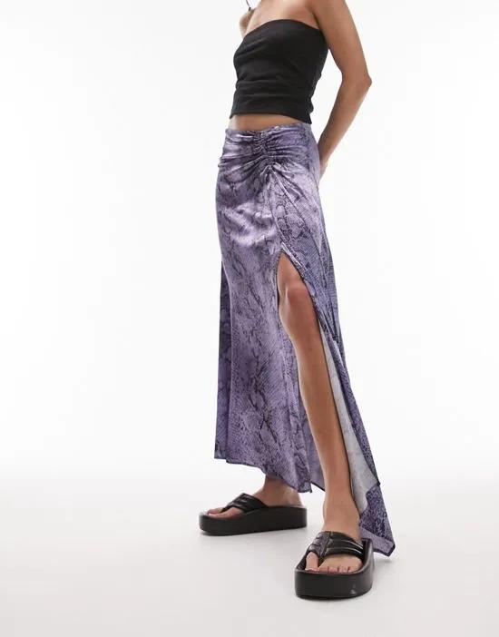 snake print ruched side midi skirt in purple