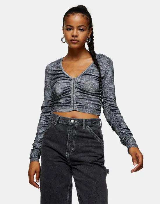 snake print ruched sleeve top in gray