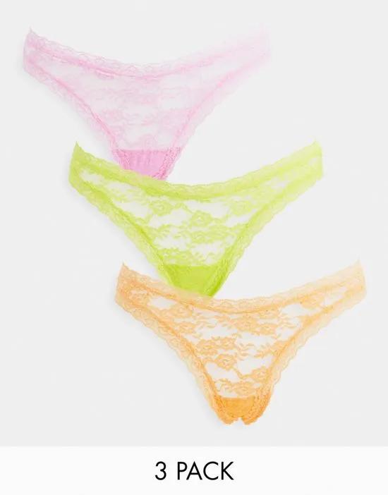 So.U. Dana 3 pack lace thong in lime, orange and lilac