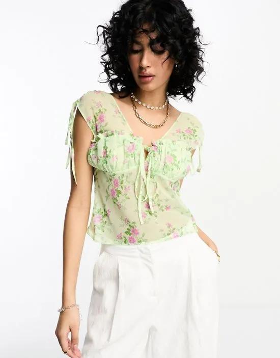soft corset with ruched bust in sage & purple floral print
