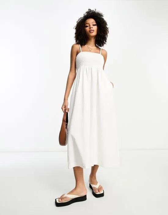 soft denim bandeau midi dress in white