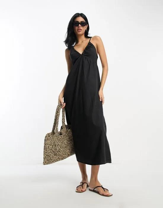 soft denim maxi dress with strap back detail in washed black