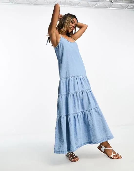 soft denim midaxi dress with tie straps in light wash blue