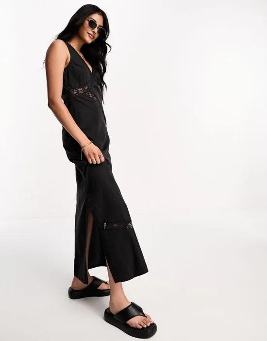 soft denim sleeveless maxi dress with lace insert in washed black