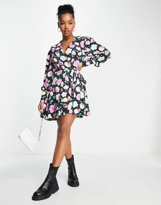 soft floral print ruffle wrap mini dress in black and lilac