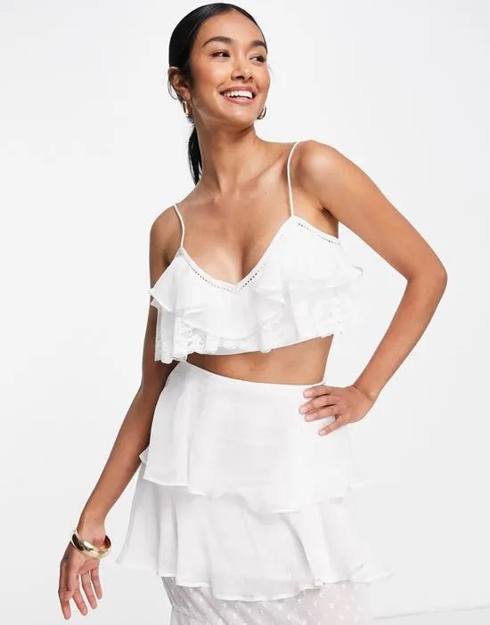 soft ruffle cami crop top with lace inserts in ivory - part of a set