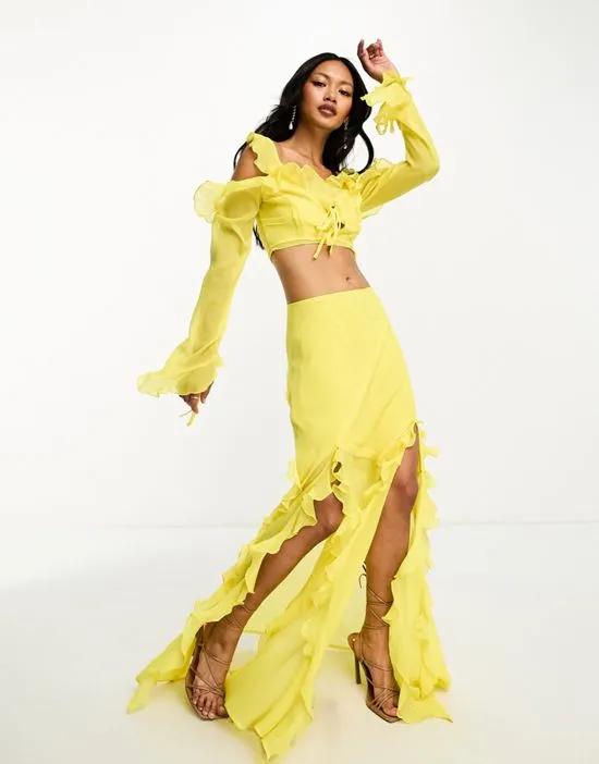 soft ruffle maxi skirt with side slit in yellow - part of a set