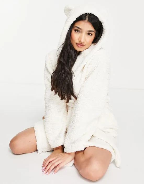 soft sherpa hooded robe with ears in cream