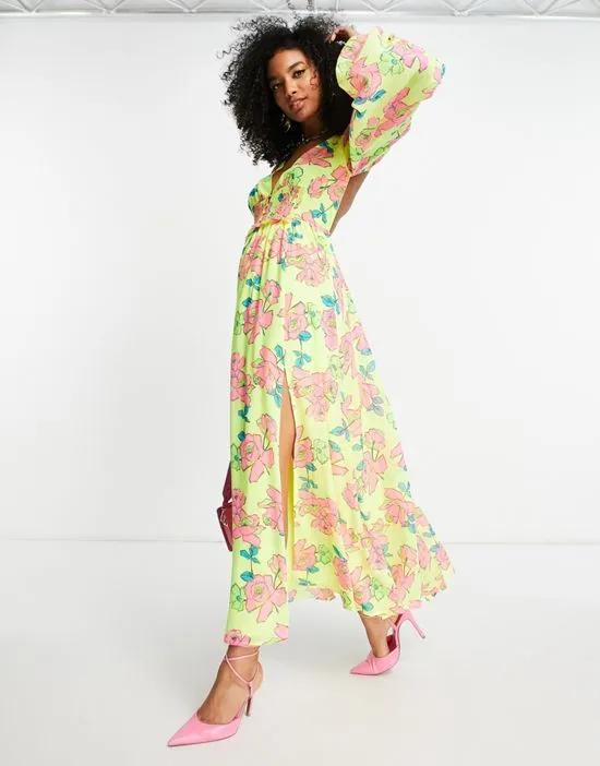 soft shirred waist open back maxi dress in yellow floral
