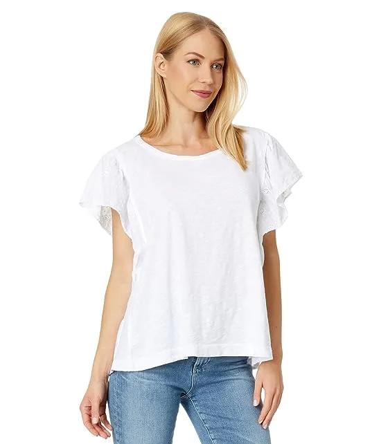 Soft Slub Cotton Kira Top with Contrast Embroidery Ruffle Sleeves