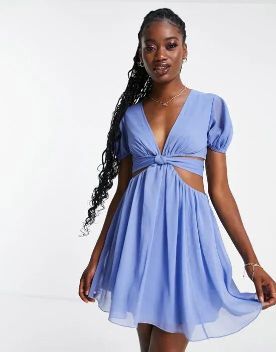 soft tiered mini dress with tie waist detail in blue