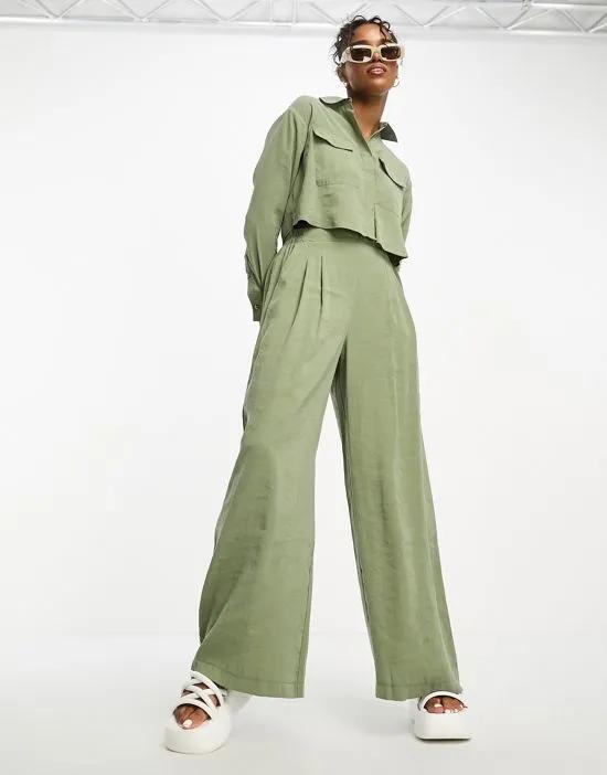 soft touch wide leg pants in khaki - part of a set