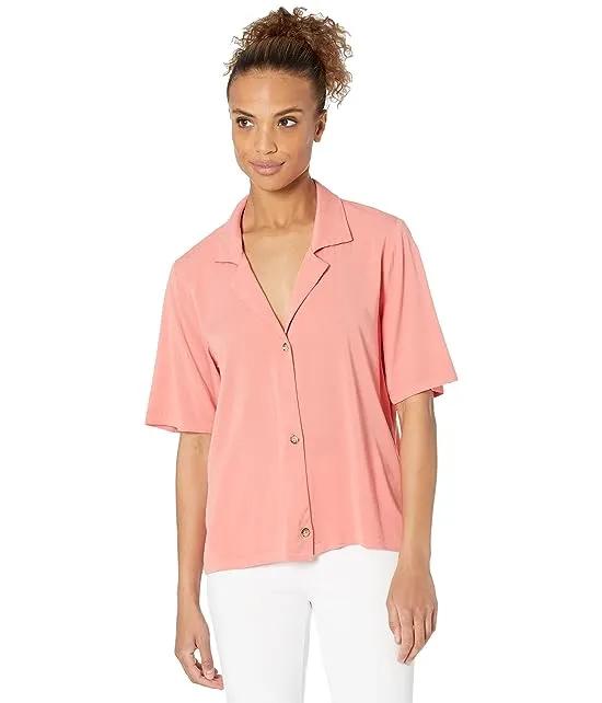 Soft Woven Stretch Viscose 1/2 Sleeve Button-Up Top