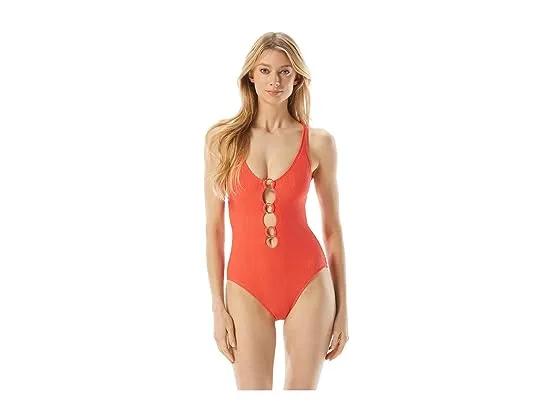 Solid Texture Cross-Back One-Piece with Logo Rings and Removable Soft Cups