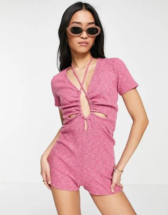 space dye cut out ruched romper in pink