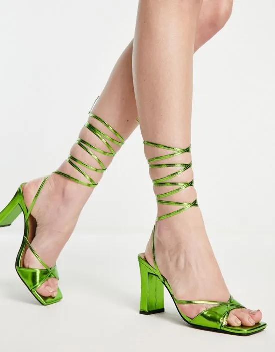 spaghetti strap tie leg flat heeled sandals in green metallic
