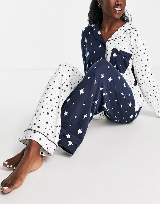spliced button through long pajamas in sparkly star print