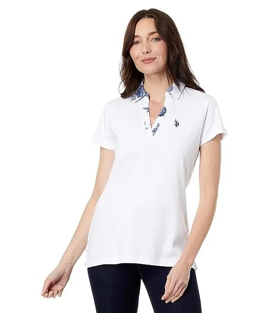 Split-Neck Rose Print Polo Shirt