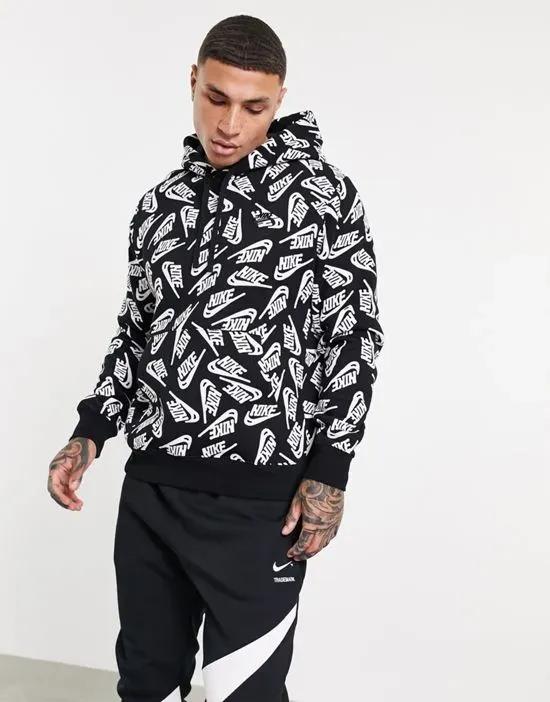 Sport Essentials all over logo print fleece hoodie in black