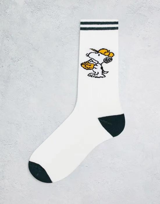 sports sock in ecru and green with Snoopy design