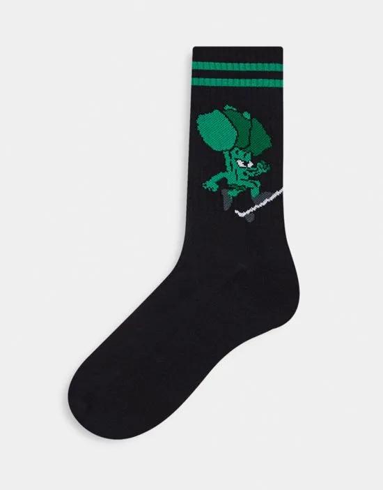 sports socks in black with skateboarding broccoli design