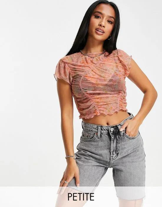 spray lace mesh shirred top in pink