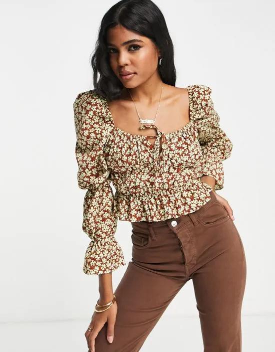 square neck blouse with shirred waist in brown floral