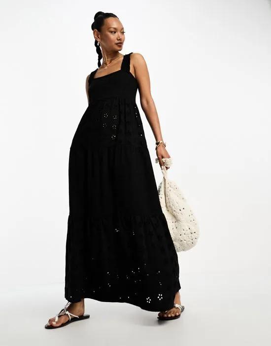 square neck broderie tiered maxi dress in black
