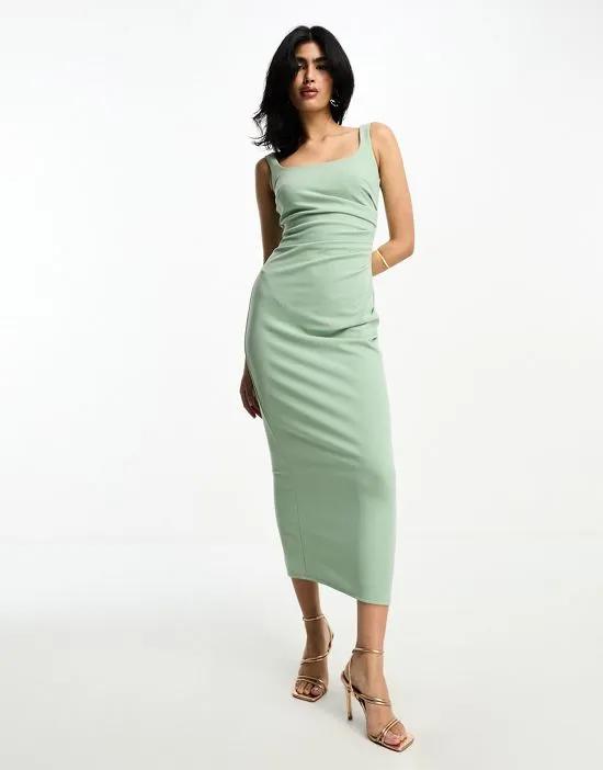 square neck cami midi dress with ruched drape detail in sage