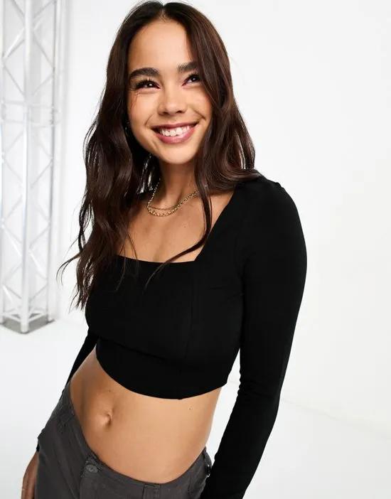 square neck crop top with seam detail in black