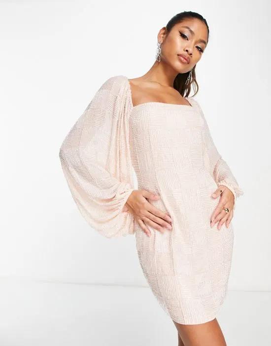square neck linear embellished mini dress with blouson sleeve in blush