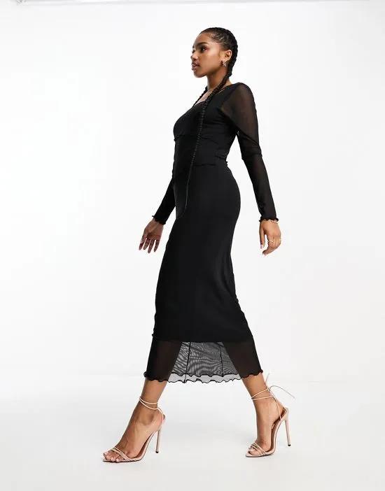 square neck long sleeve mesh midi dress in black