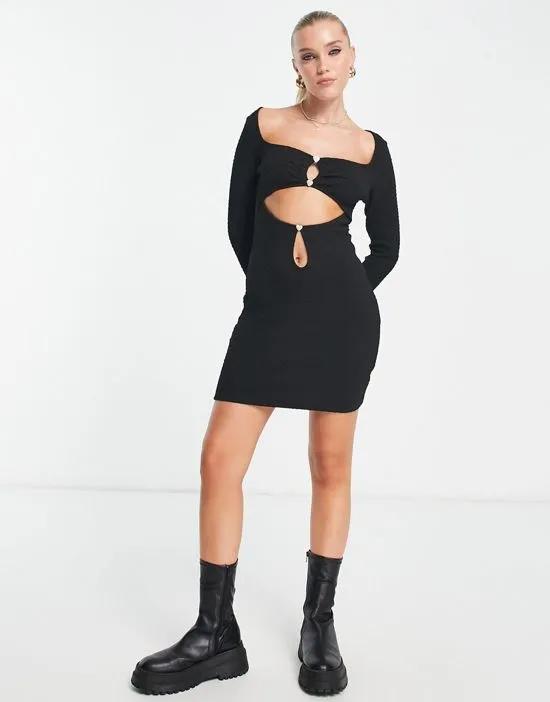 square neck long sleeve mini dress with extreme cut out
