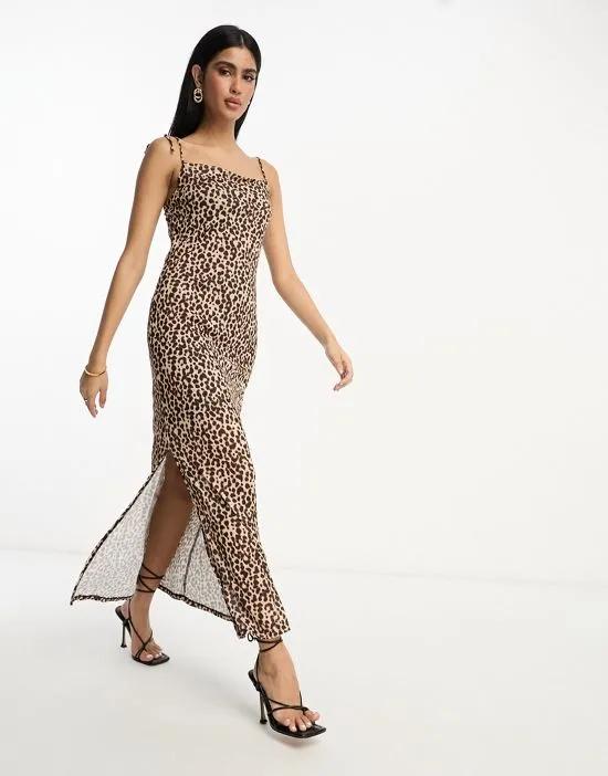square neck maxi slip dress in leopard print