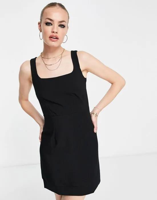 square neck mini dress in black