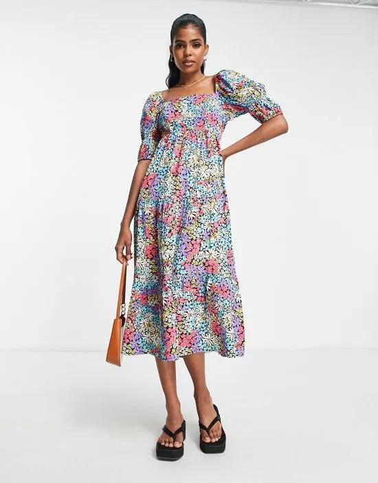 square neck puff sleeve midi dress in bold floral print