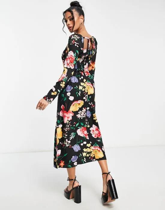 square neck ruched bust tie back midi dress in large floral print