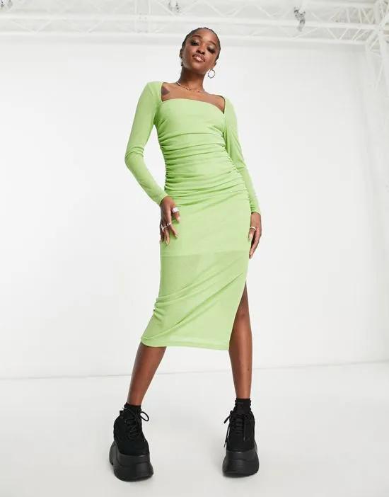 square neck ruched side midi dress in sap green