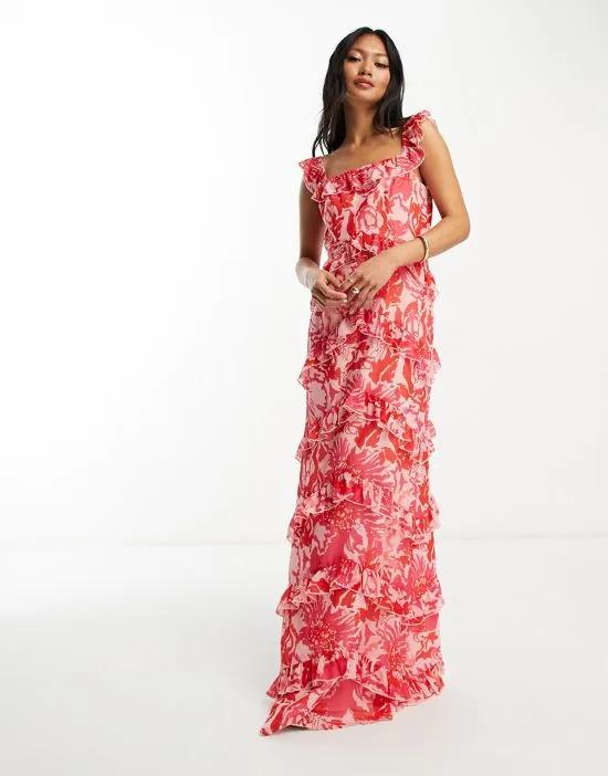 square neck ruffle maxi dress in red and pink floral