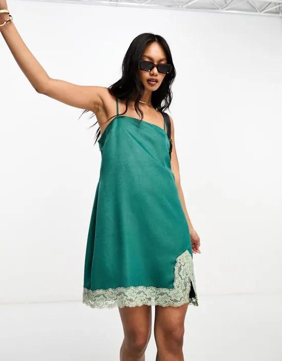 square neck satin cami strap mini dress with lace contrast in green