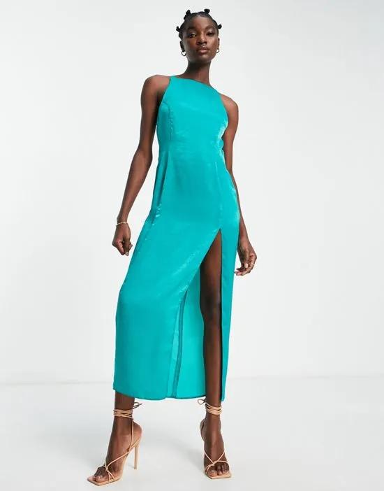 square neck satin maxi dress with ruched skirt