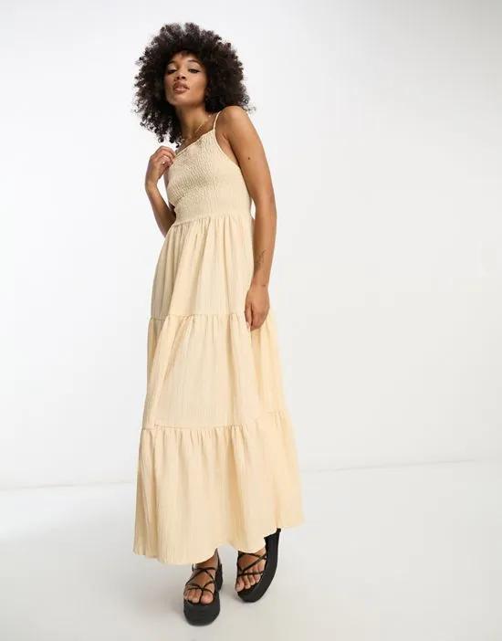 square neck shirred maxi sundress in oatmeal