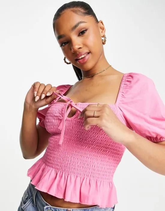 square neck shirred top with tie in pink