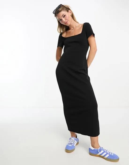 square neck short sleeve midi dress in black