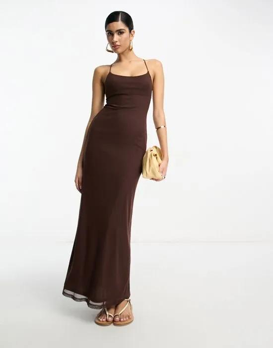 square neck strappy maxi dress in brown