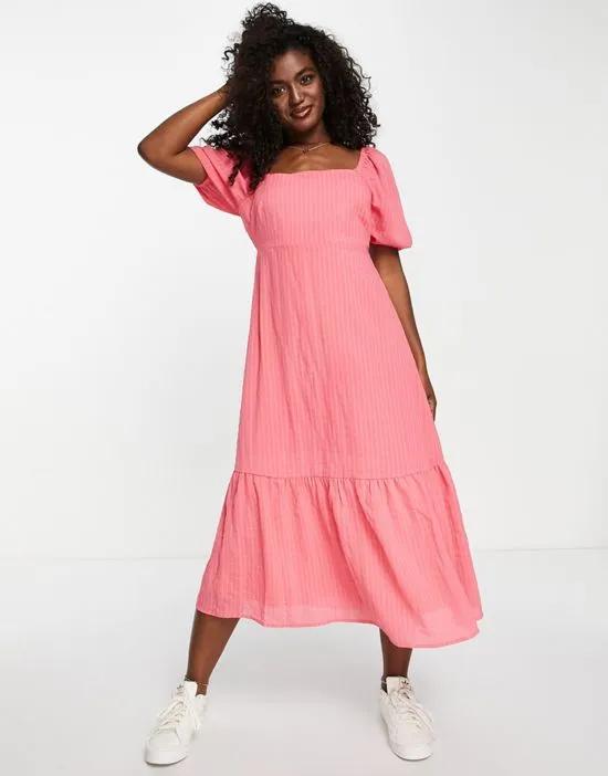 square neck textured midi dress in pink