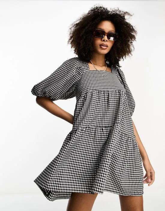 square neck tiered mini smock dress in gingham