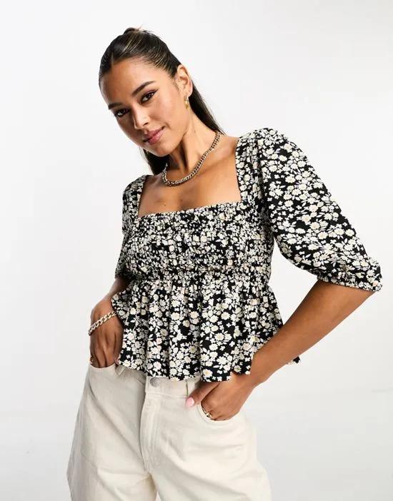 square neck top with shirred bodice in mono floral print